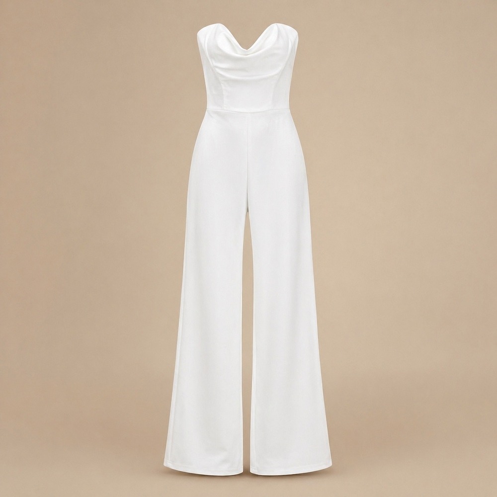 Lulus NWT White Strapless Cowl Neck Wide Leg Jumpsuit M Bridal Bachelorette